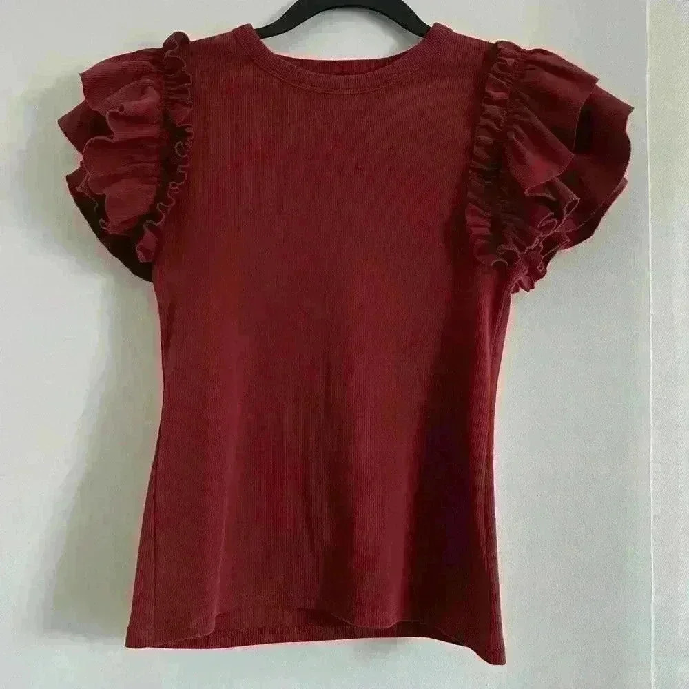 Express Terra Cotta Ribbed Ruffled Shoulder Tee